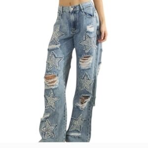 Oli & Hali Jeans Lt Stone Washed Distressed, Stars w/Blingy Clear Grommets NWT